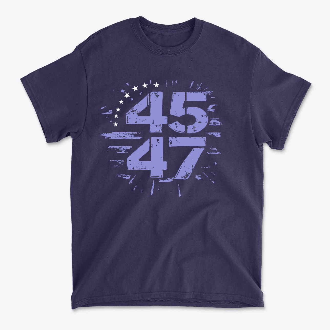 The 45 47 Stars Graphic Design printed on a navy blue graphic tee, symbolizing patriotic values and traditions.