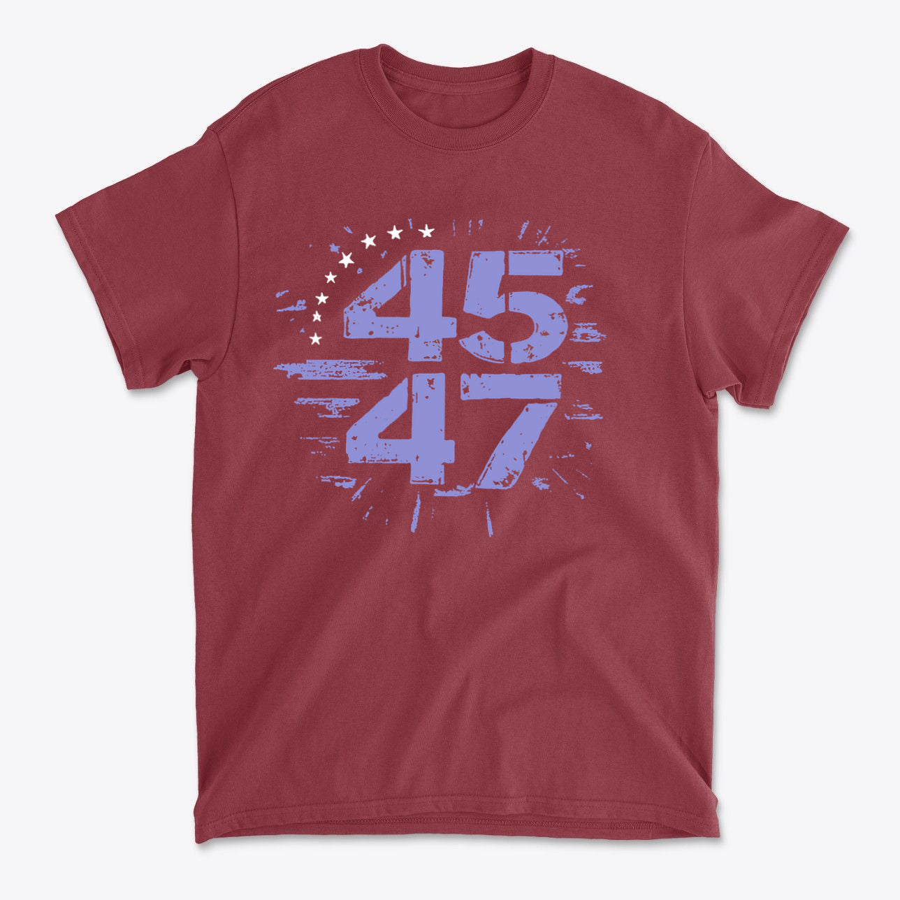 The 45 47 Stars Graphic Design on a maroon t-shirt with blue graphics and stars.