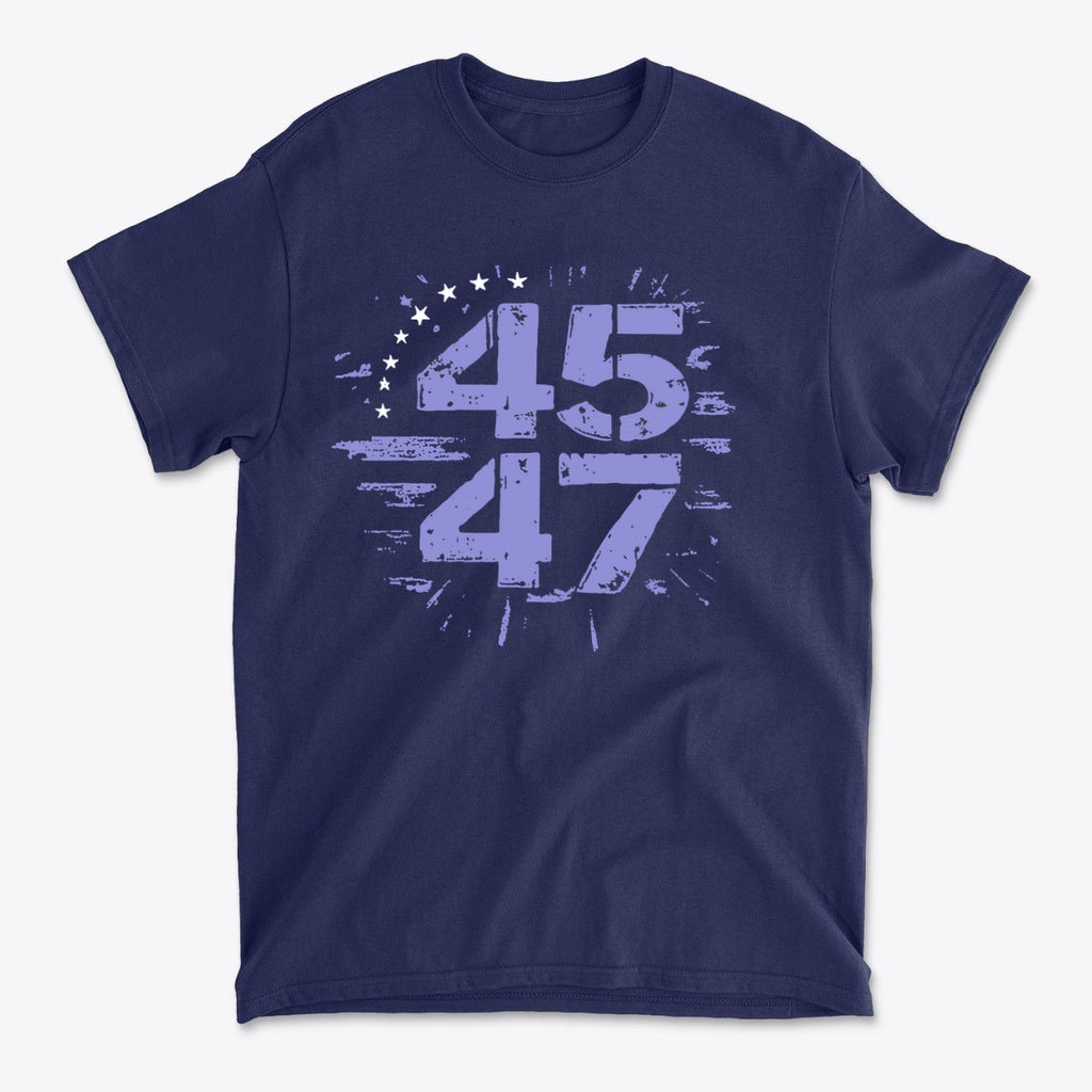 The 45 47 Stars Graphic Design graphic tee featuring bold numbers 45 and 47 on a navy background.