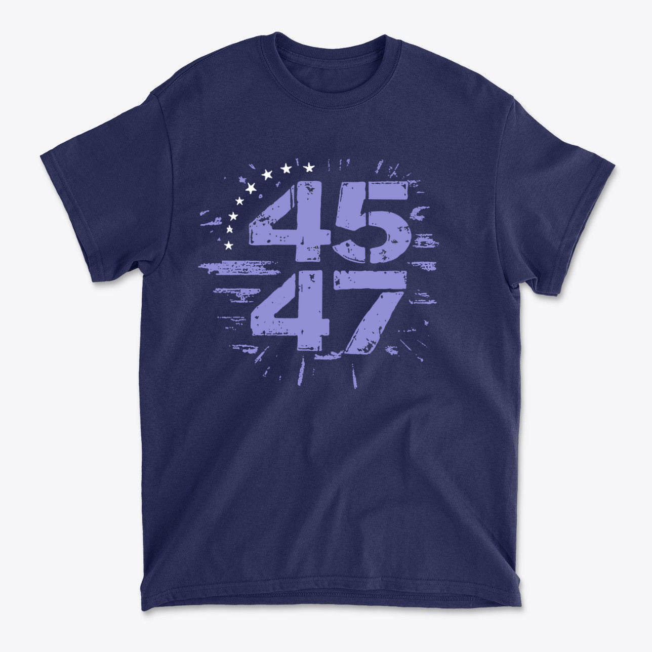 The 45 47 Stars Graphic Design graphic tee featuring bold numbers 45 and 47 on a navy background.