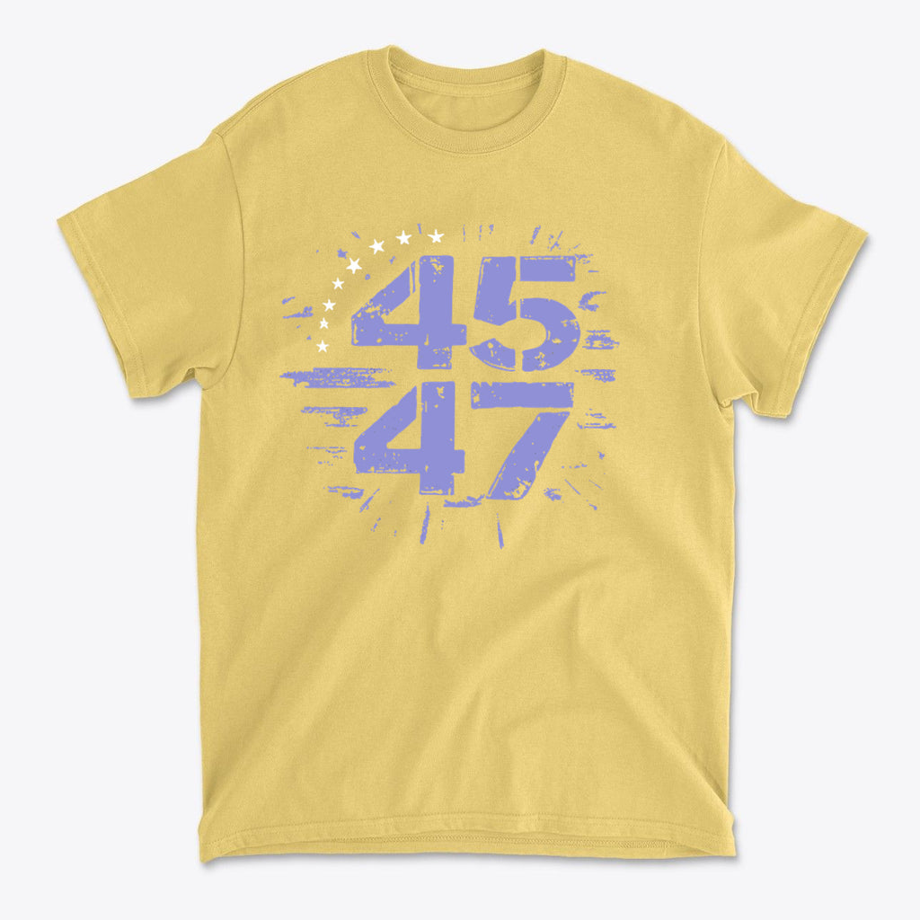 The 45 47 Stars Graphic Design on a yellow graphic tee showcasing a bold patriotic message.
