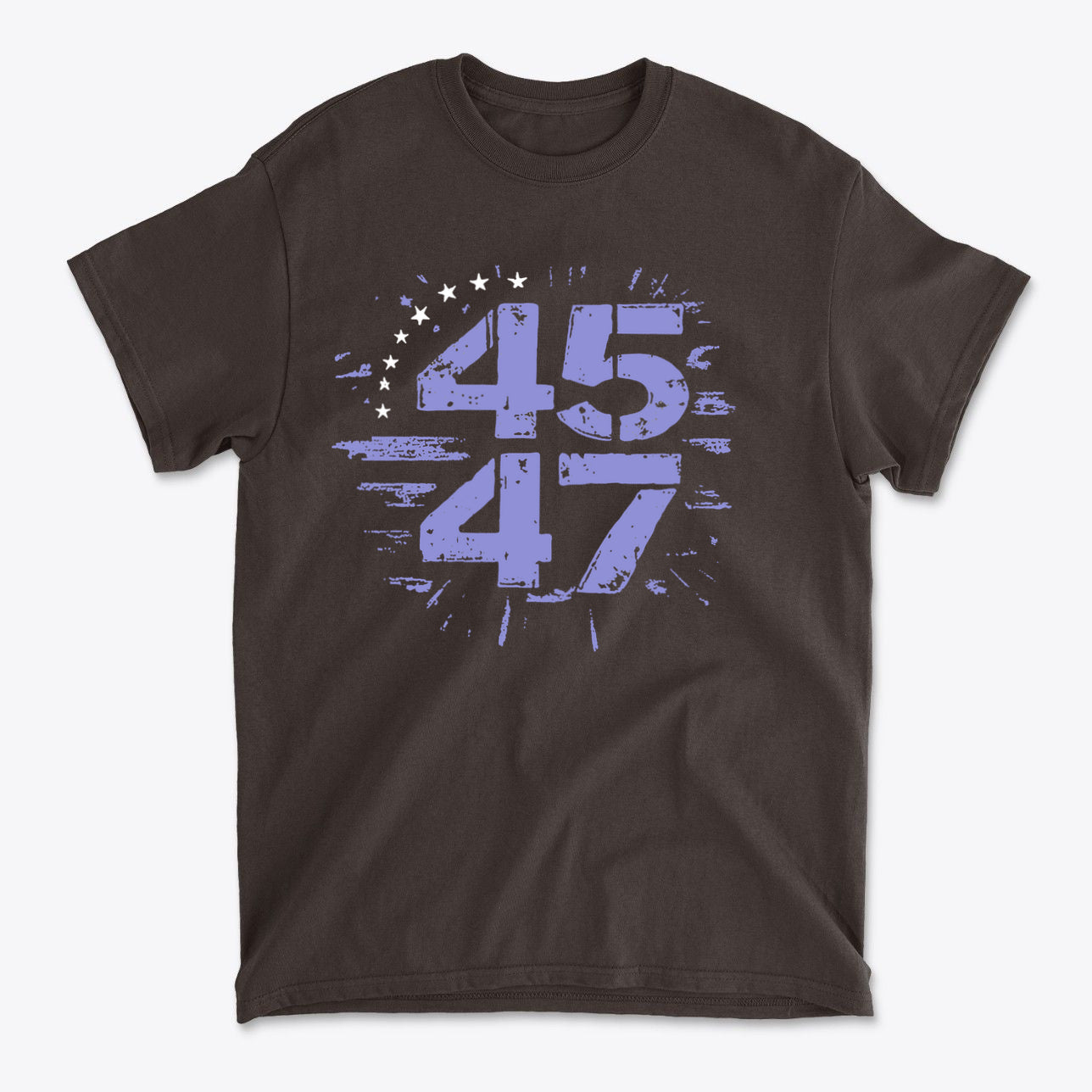 The 45 47 Stars Graphic Design on a black graphic tee featuring a bold purple design.