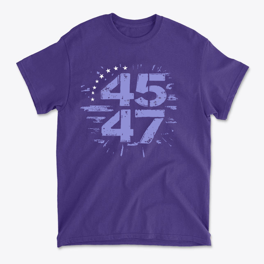 The 45 47 Stars Graphic Design t-shirt featuring a bold graphic on a purple background.
