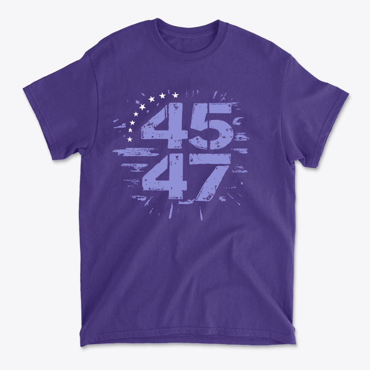 The 45 47 Stars Graphic Design t-shirt featuring a bold graphic on a purple background.