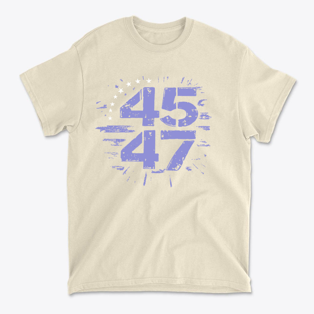 The 45 47 Stars Graphic Design graphic tee featuring bold blue and white numbers on a beige shirt.