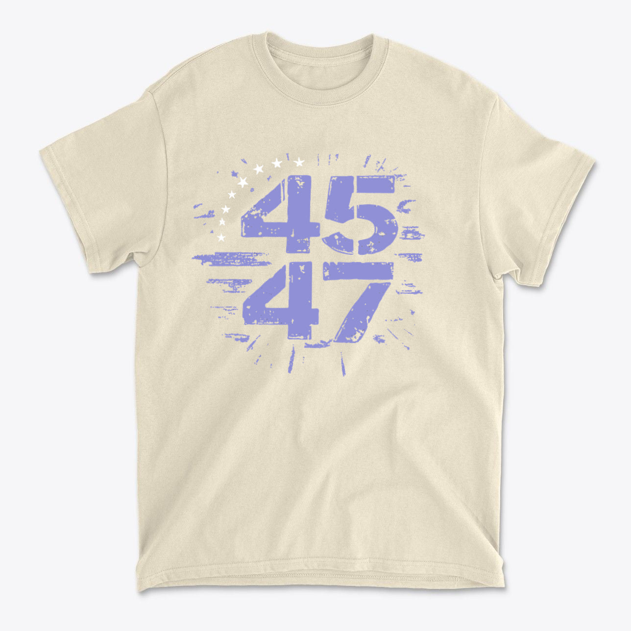 The 45 47 Stars Graphic Design graphic tee featuring bold blue and white numbers on a beige shirt.