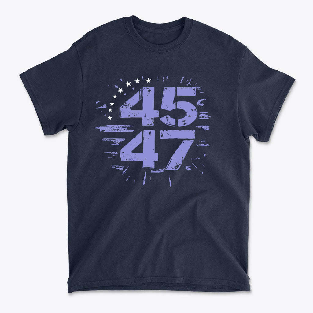 The 45 47 Stars Graphic Design navy graphic tee featuring bold purple numbers and star accents.