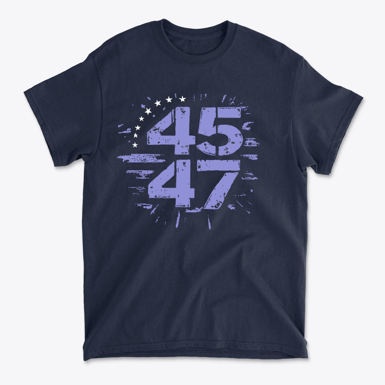 The 45 47 Stars Graphic Design navy graphic tee featuring bold purple numbers and star accents.
