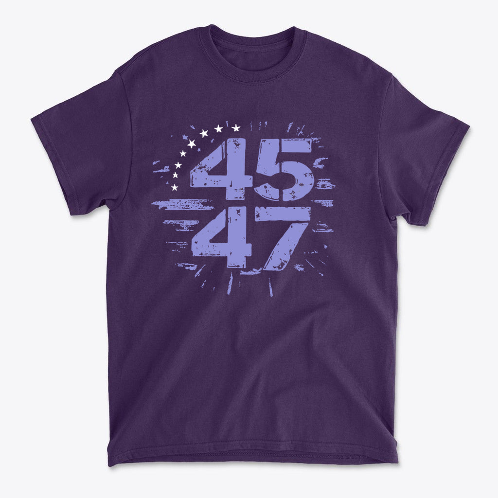 The 45 47 Stars Graphic Design on a purple graphic tee, symbolizing patriotic values and commitment to the nation.