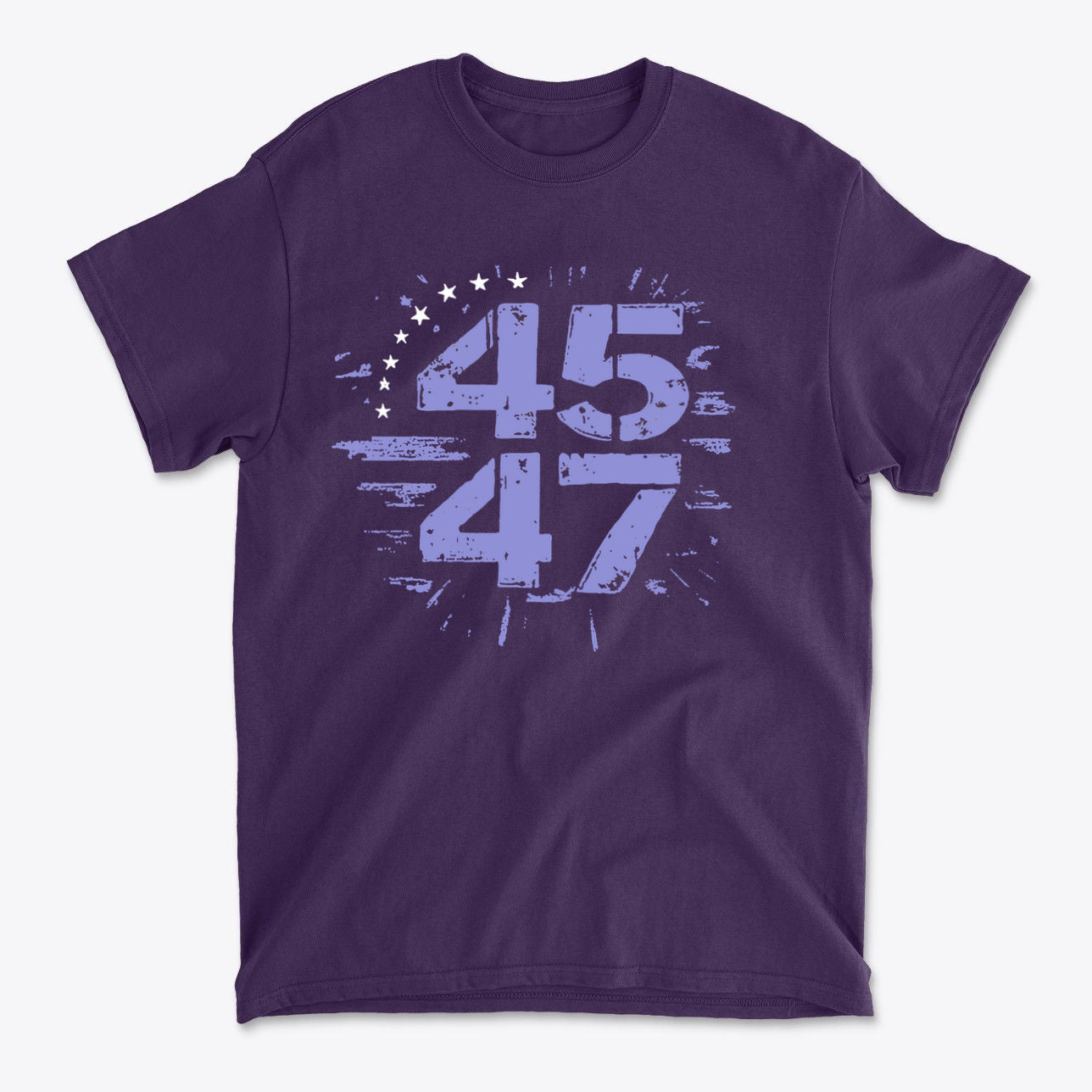 The 45 47 Stars Graphic Design on a purple graphic tee, symbolizing patriotic values and commitment to the nation.