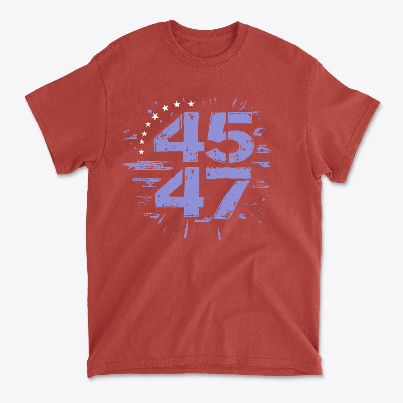 The 45 47 Stars Graphic Design on a red t-shirt, symbolizing patriotism and traditional values.