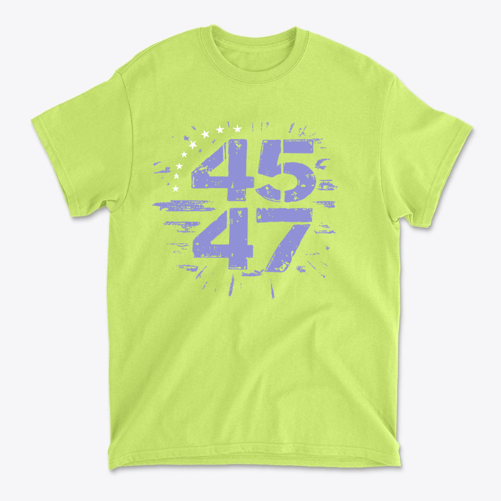 The 45 47 Stars Graphic Design in vibrant neon green with purple paint splash effect.