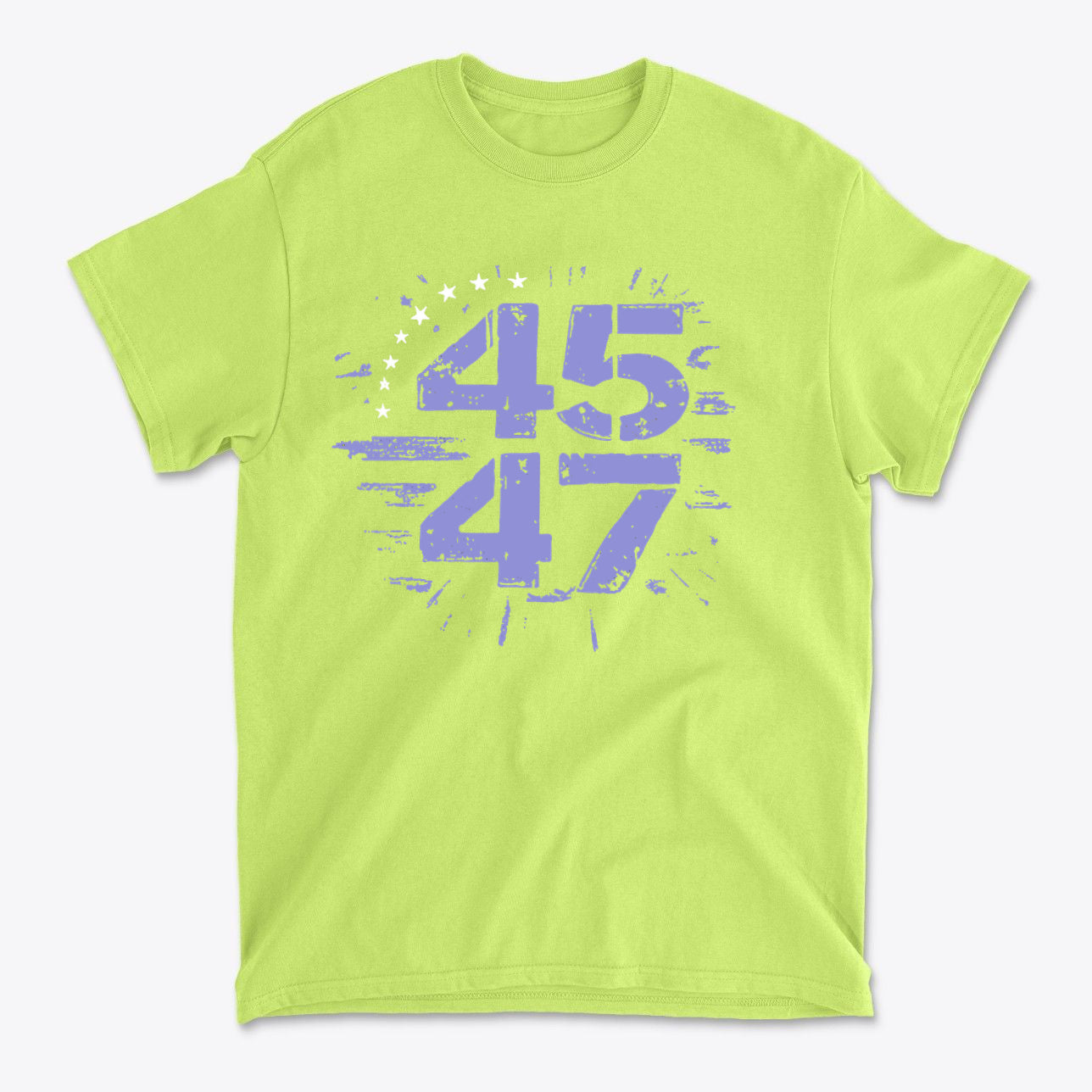 The 45 47 Stars Graphic Design in vibrant neon green with purple paint splash effect.