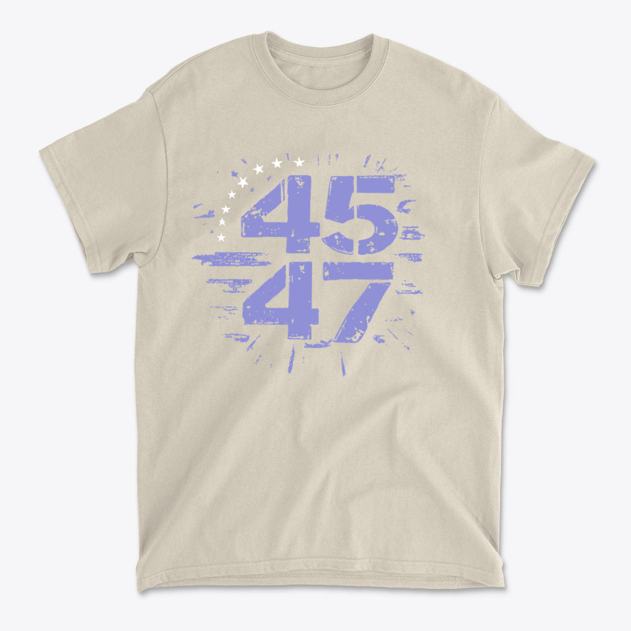 The 45 47 Stars Graphic Design on a beige t-shirt with a bold graphic print.