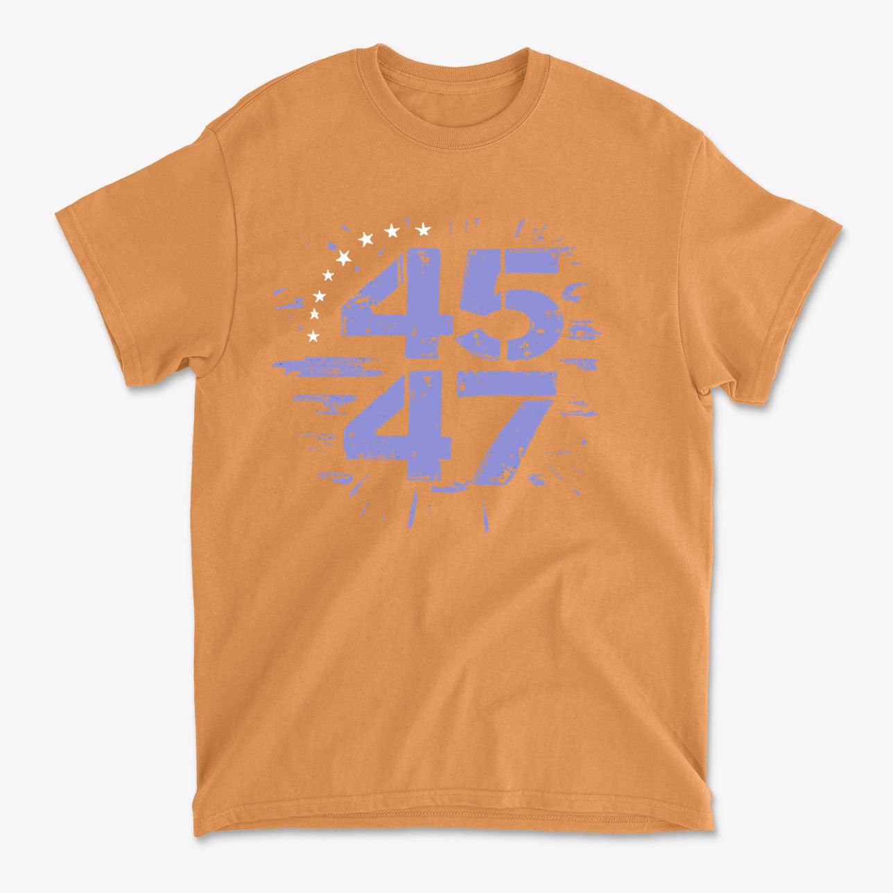The 45 47 Stars Graphic Design graphic tee in orange with blue star and number design.