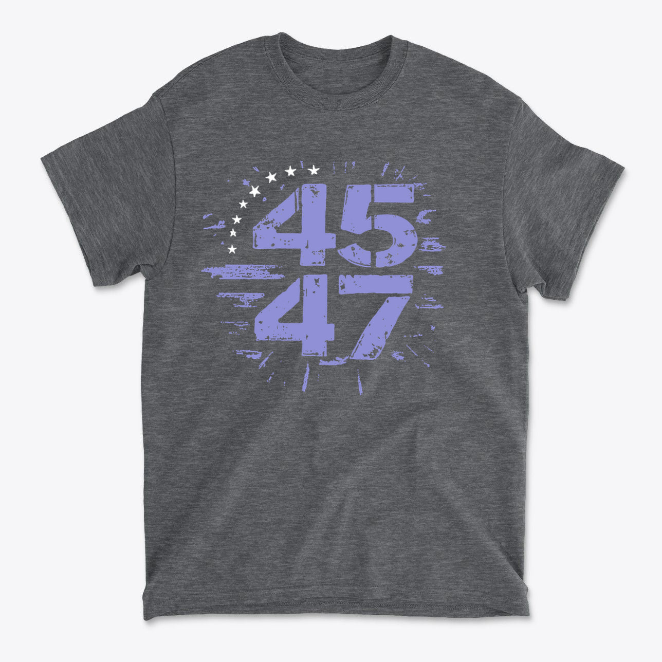 The 45 47 Stars Graphic Design graphic tee, featuring a bold 45 47 design on a dark heather background.