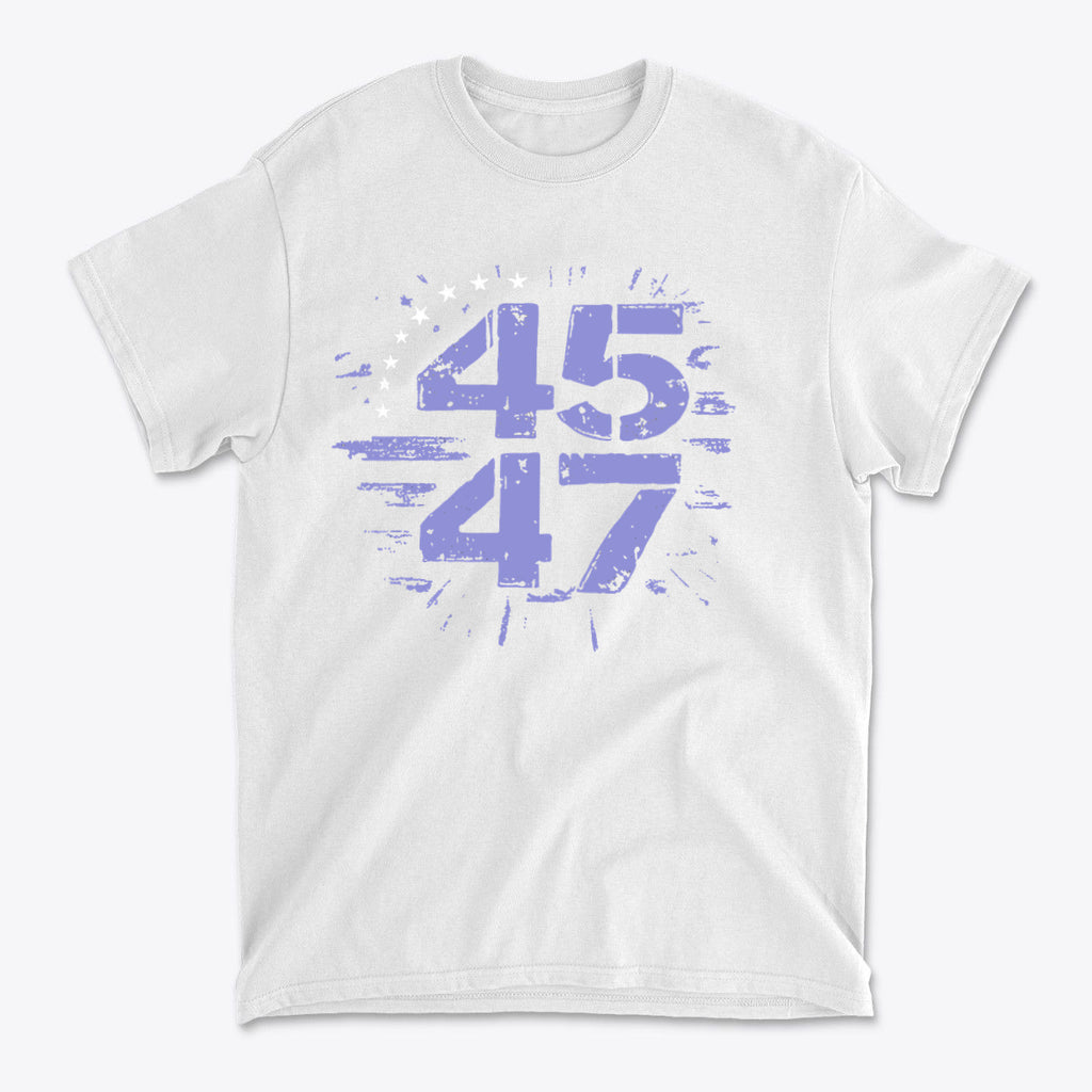The 45 47 Stars Graphic Design graphic tee showcasing bold numbers 45 and 47 in a striking white and purple design.