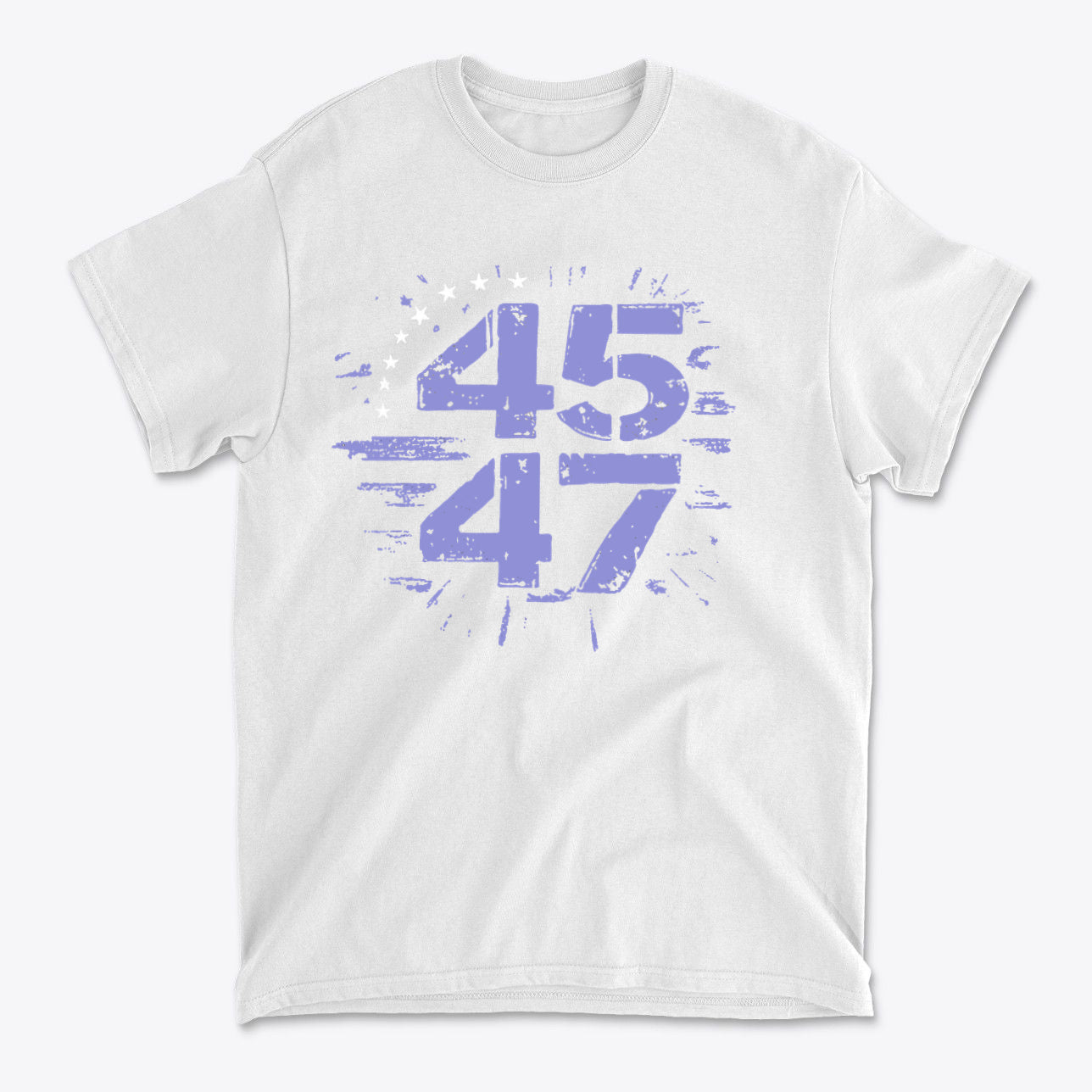 The 45 47 Stars Graphic Design graphic tee showcasing bold numbers 45 and 47 in a striking white and purple design.
