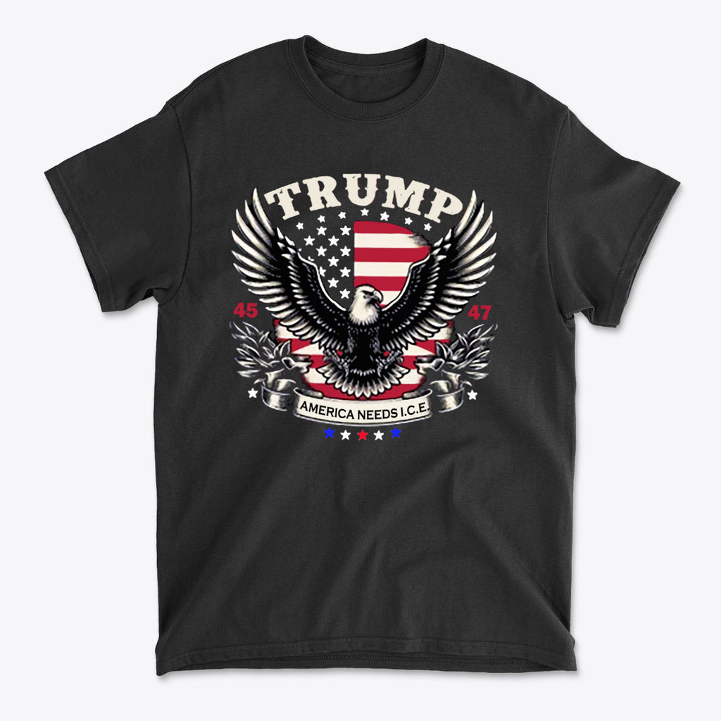 Graphic tee featuring the slogan 'Why America Needs ICE For Order', adorned with an eagle and patriotic elements.