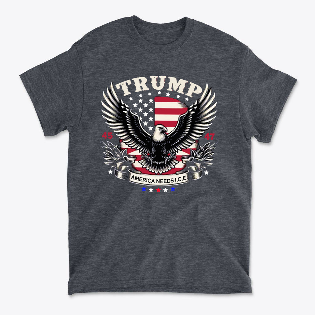 Graphic tee featuring an eagle, US flag, and text "Why America Needs ICE For Order" for patriotic supporters.