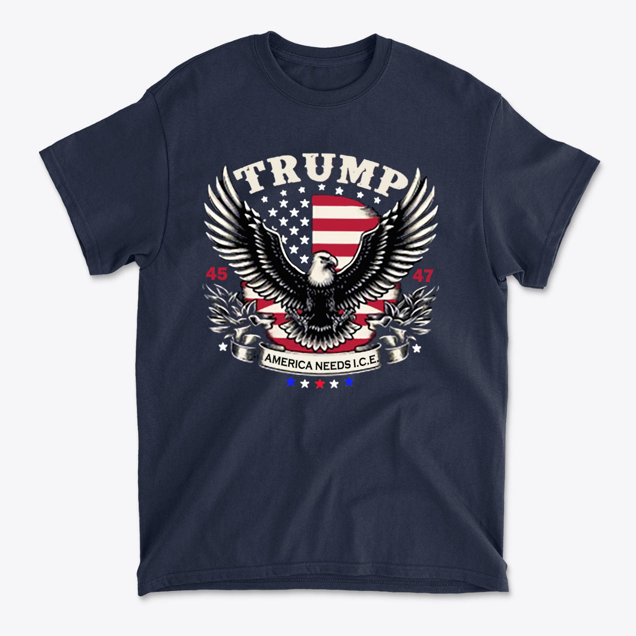 Why America Needs ICE For Order graphic tee featuring eagle and patriotic design with Trump and American flag.