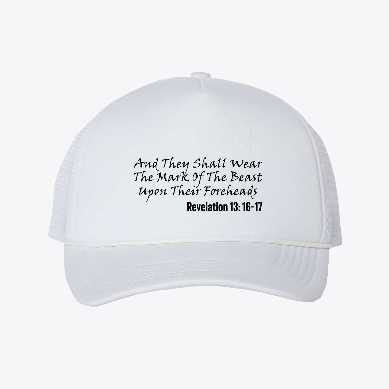 Beast Forehead Mark Foam Mesh Trucker Cap Design with scripture text on a white background.