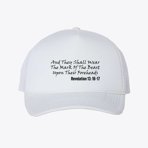 Beast Forehead Mark Foam Mesh Trucker Cap Design with scripture text on a white background.