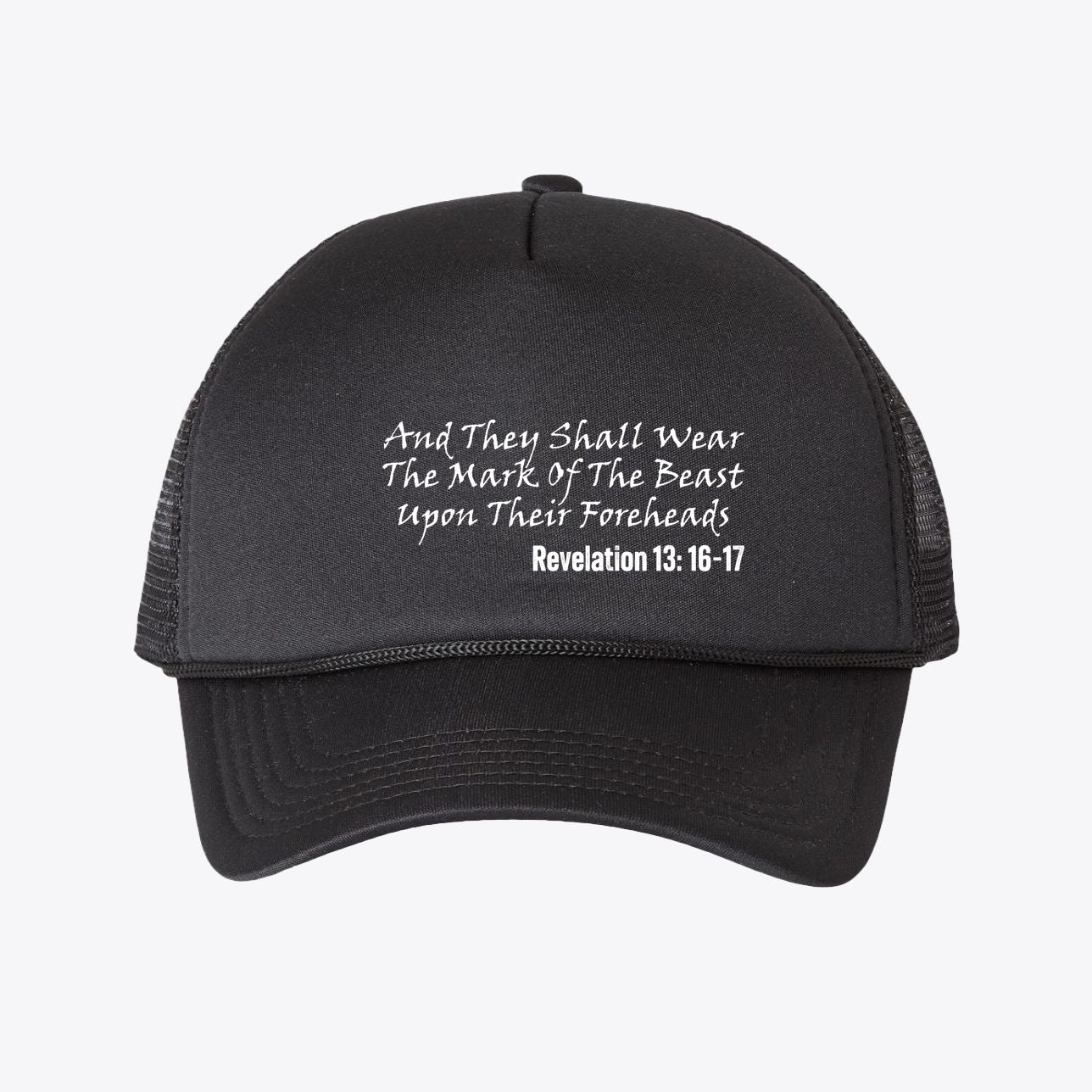 Mark of the Beast White Letters Trucker Mesh Cap showcasing bold text and a stylish black design.