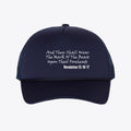 Mark of the Beast White Letters Trucker Mesh Cap featuring text from Revelation 13:16-17.