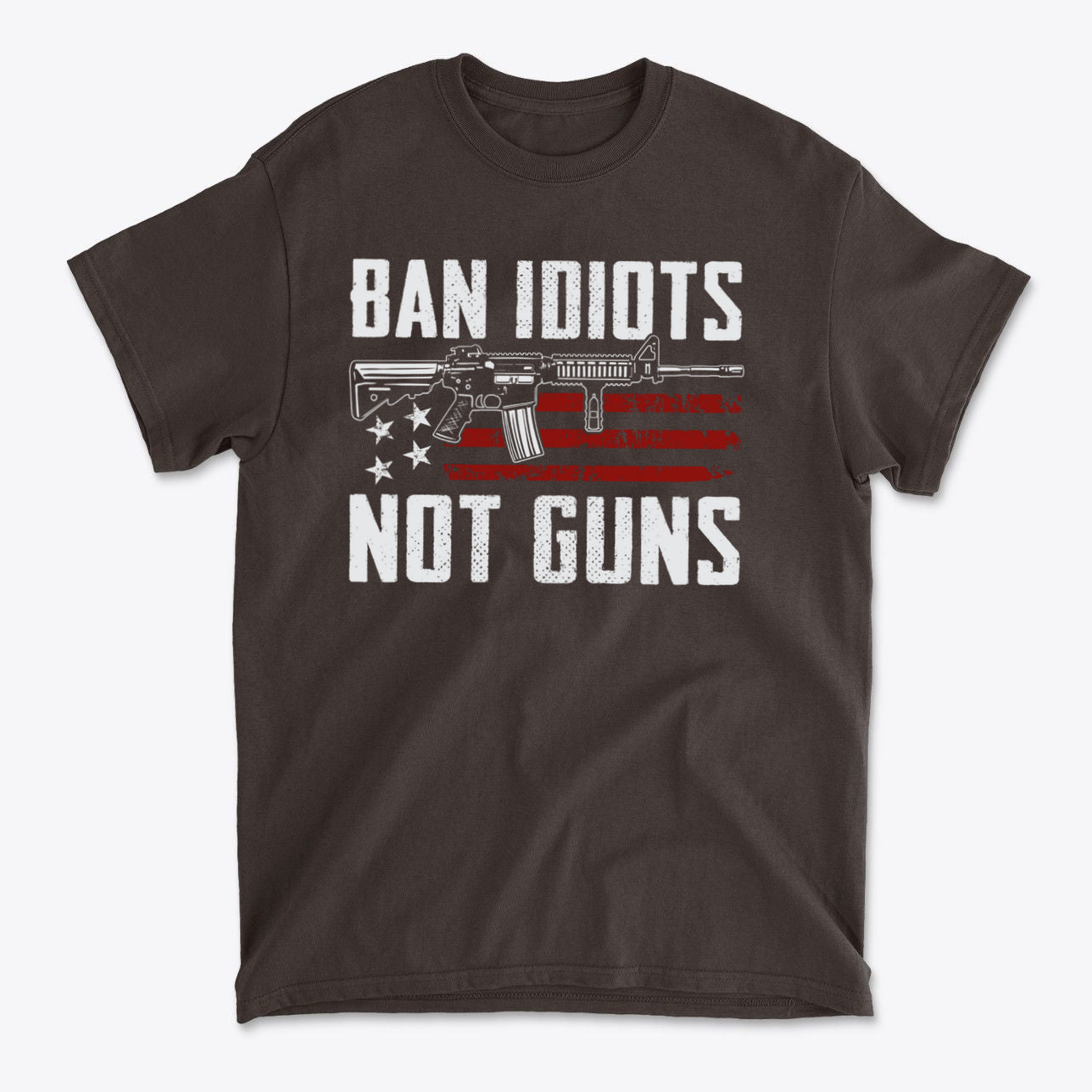 Ban Idiots Not Guns With AR-15 On US Flag design on a black t-shirt conveying bold beliefs and personal freedom