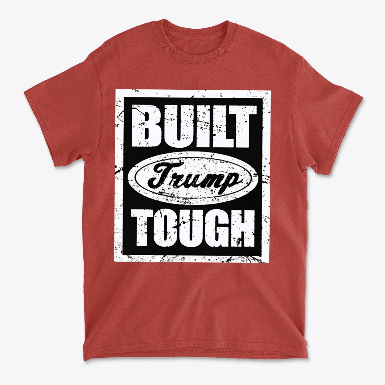 Built Trump Tough Classic Patriotic Shirt Design on a red t-shirt with bold graphics.