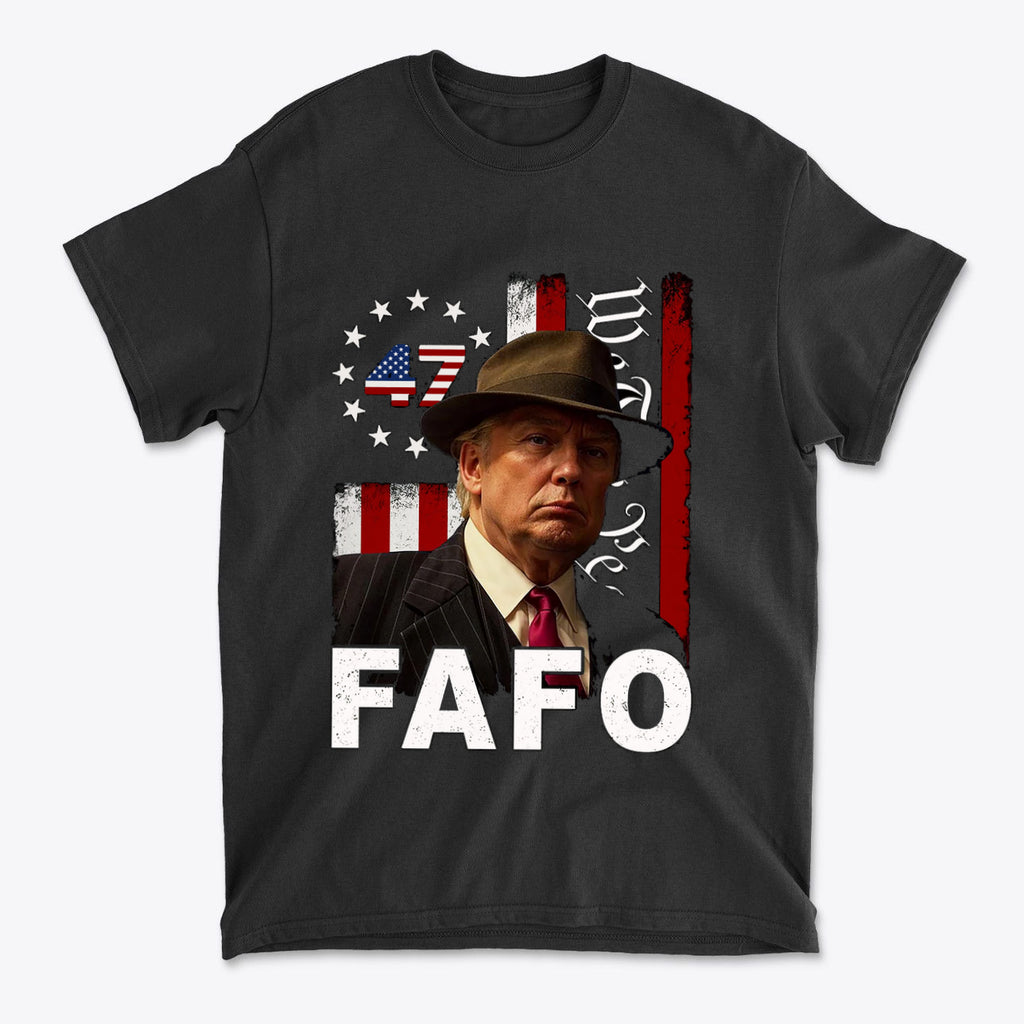 FAFO On The American Flag Style graphic tee featuring patriotic design with a vintage character and symbolic elements.