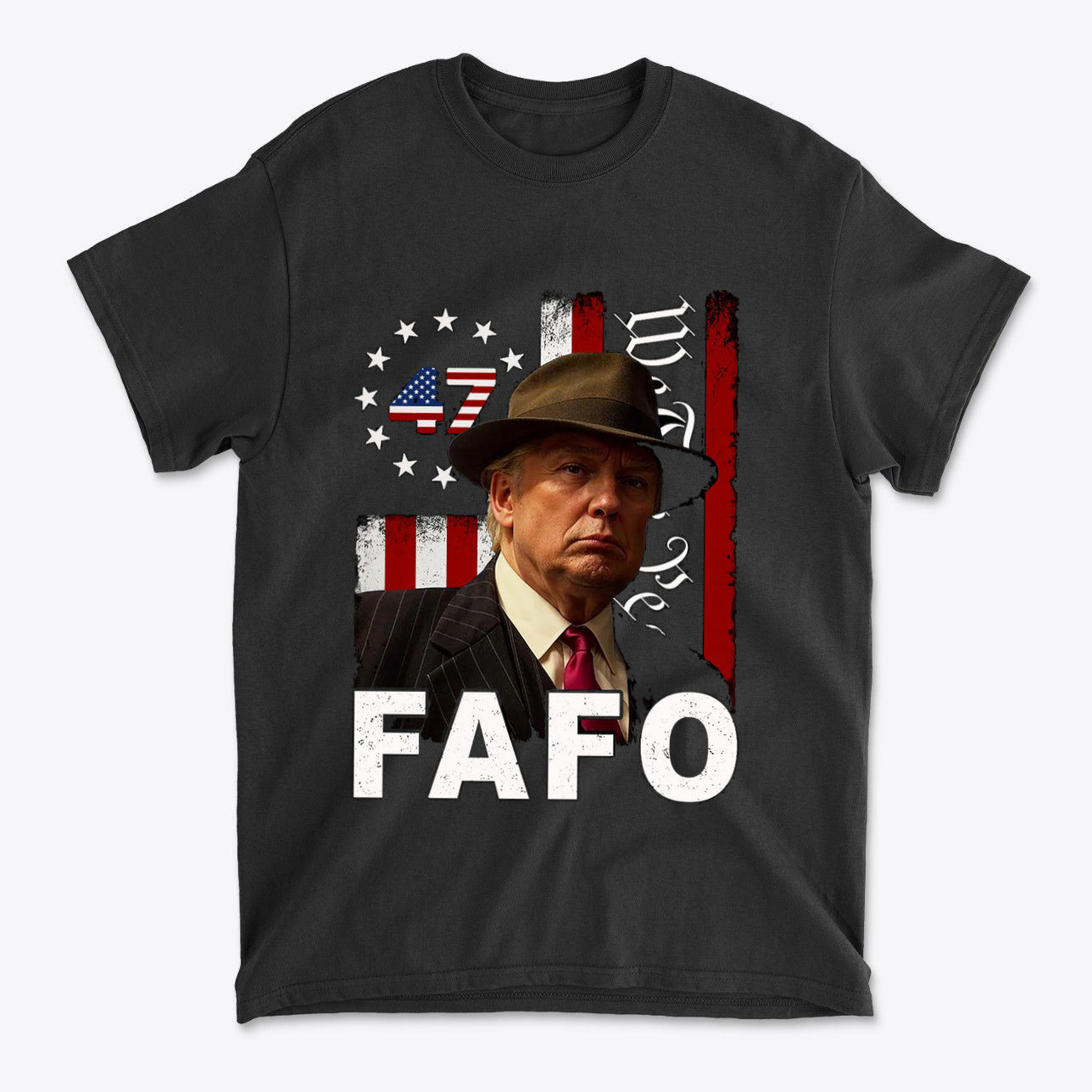 FAFO On The American Flag Style graphic tee featuring patriotic design with a vintage character and symbolic elements.