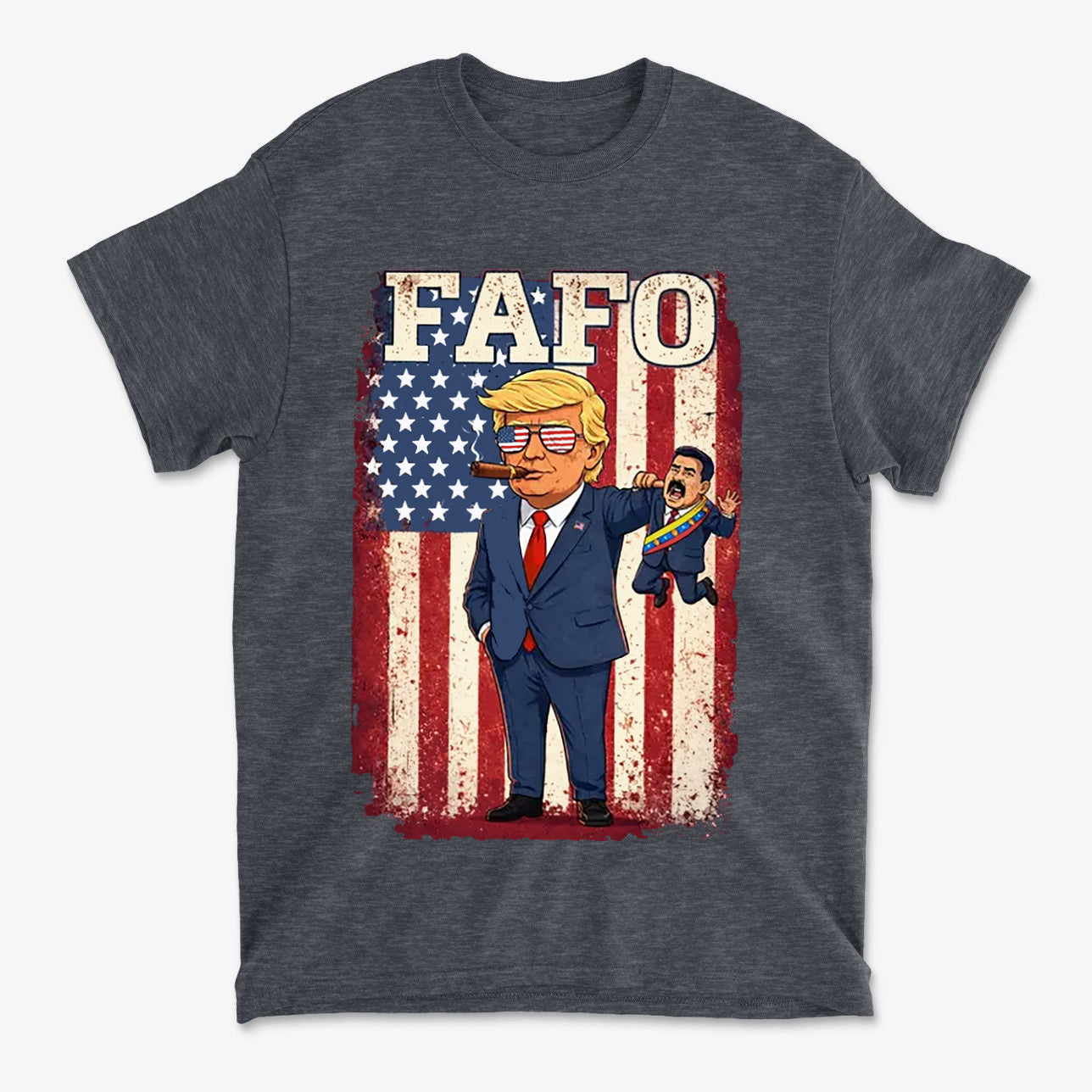 Trump Captures Maduro FAFO Now graphic tee featuring a bold design with Trump against an American flag.
