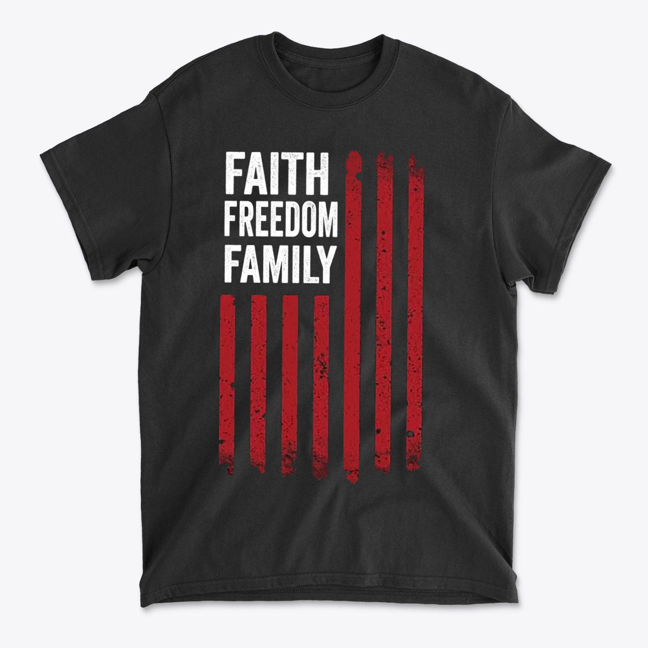 Faith Freedom Family Timeless Values Graphic T Shirt featuring bold text and a stylish design on a black background.