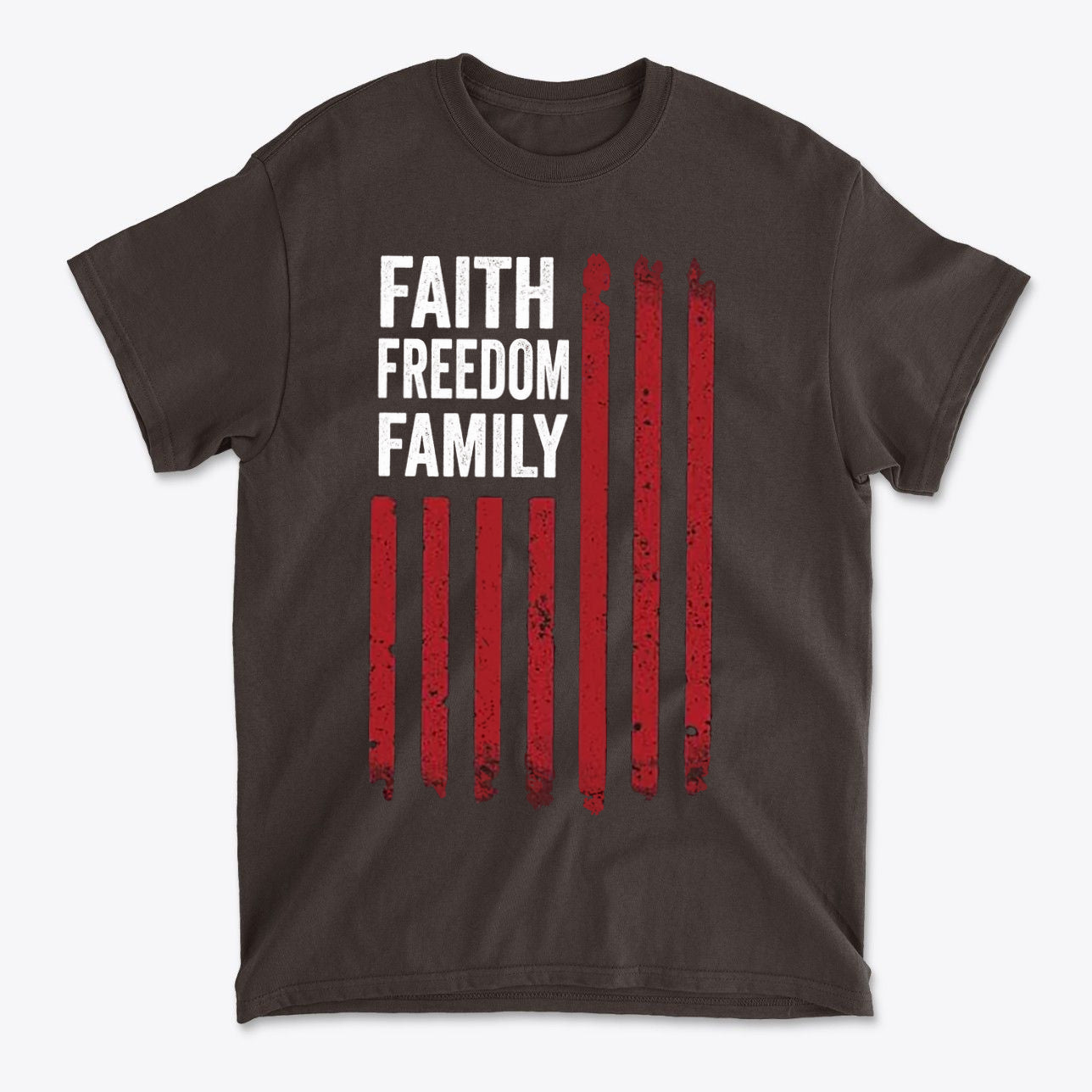 Faith Freedom Family Timeless Values Graphic T Shirt featuring bold text and red stripes on a dark background.