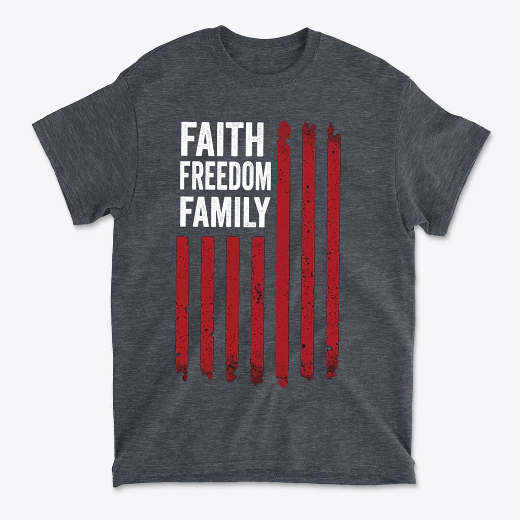 Faith Freedom Family Timeless Values Graphic T Shirt featuring a bold design with red text and striped background.