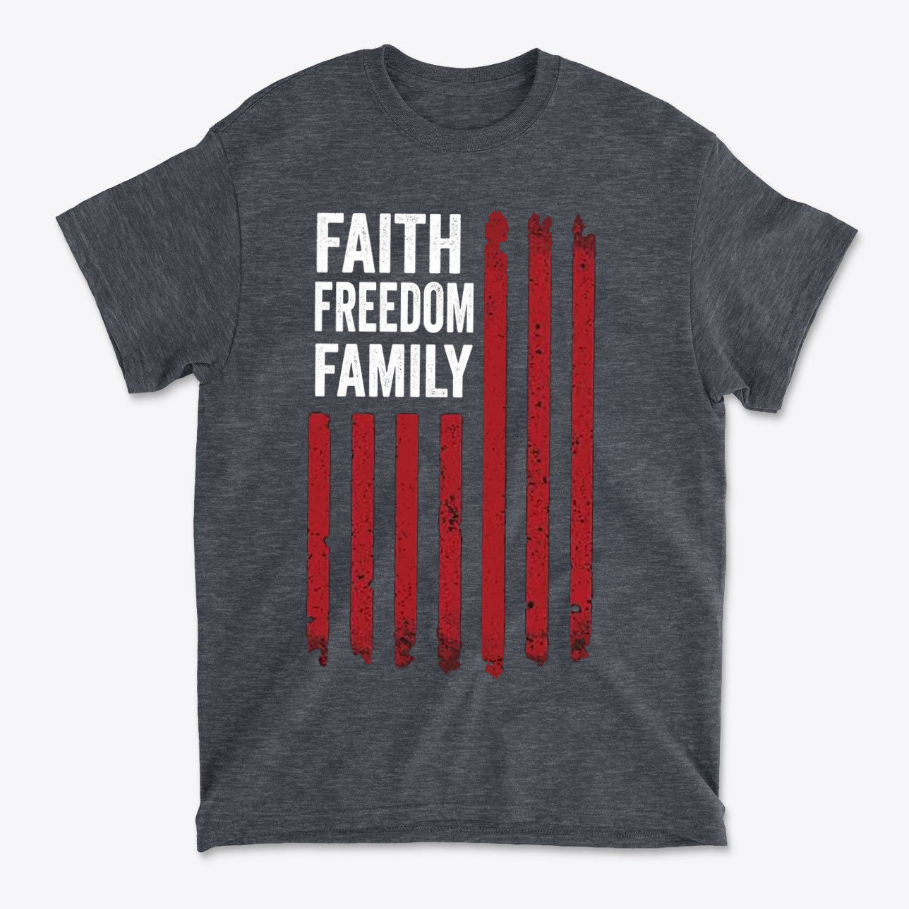 Faith Freedom Family Timeless Values Graphic T Shirt featuring a bold design with red text and striped background.