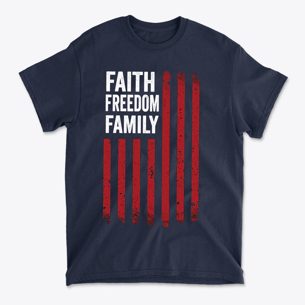 Faith Freedom Family Timeless Values Graphic T Shirt featuring a bold design and American flag elements.