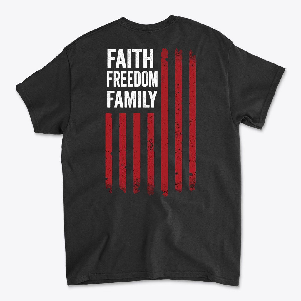 Faith Freedom Family Image On Back shirt design featuring bold red stripes on a black background.