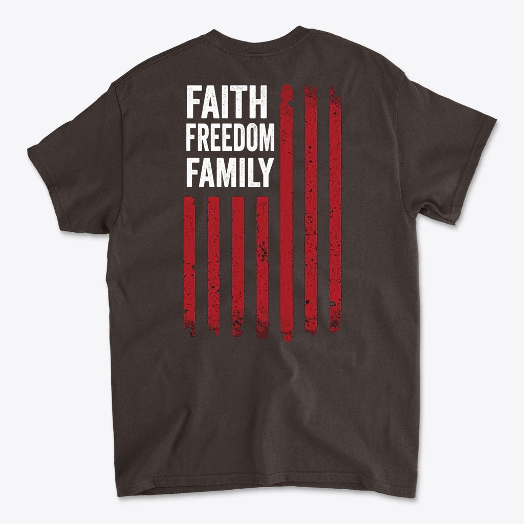 Faith Freedom Family Image On Back design featuring bold red stripes on a dark shirt, symbolizing core values.