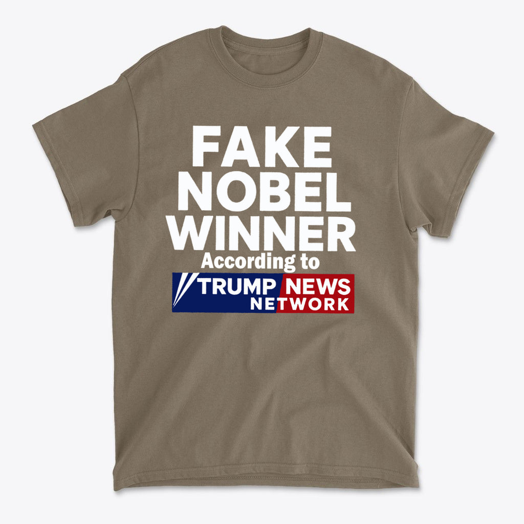 Fake Nobel Winner Graphic T-Shirt featuring bold text and humorous design for confident wearers.