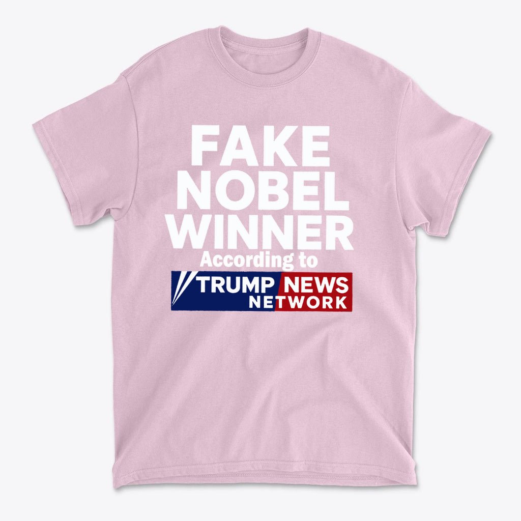 Fake Nobel Winner Graphic T-Shirt in pink with bold graphic text and logo design.