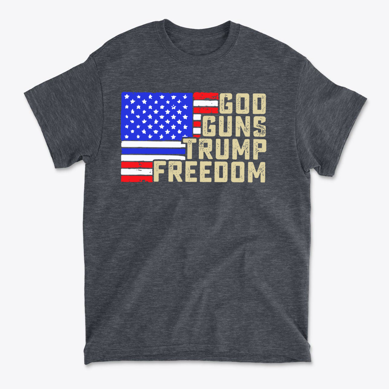 God Guns Trump Freedom Classic Patriotic Shirt Design featuring American flag graphics on a dark t-shirt.