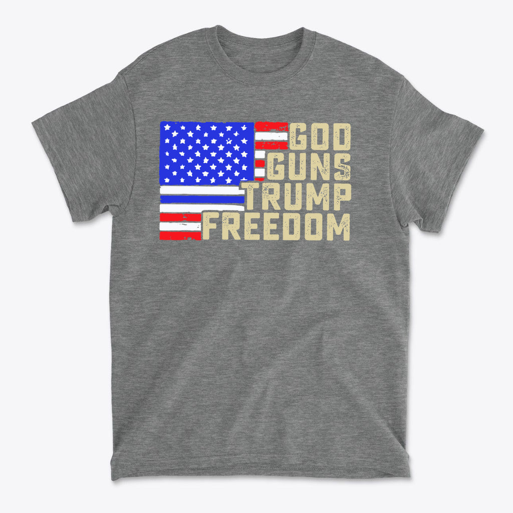 God Guns Trump Freedom Classic Patriotic Shirt Design featuring American flag colors on a gray t-shirt.