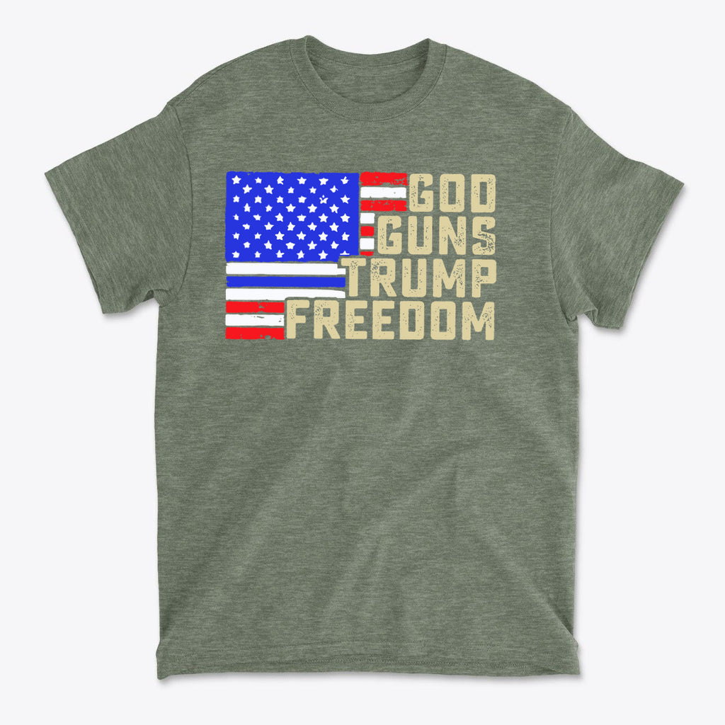 God Guns Trump Freedom Classic Patriotic Shirt Design featuring an American flag design on a grey t-shirt.