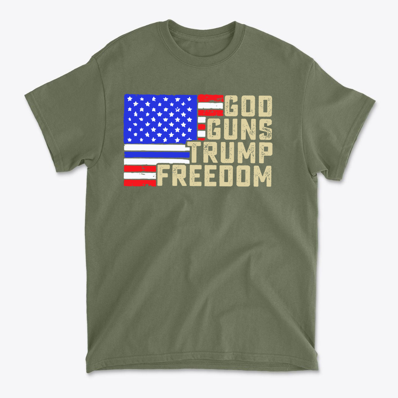 God Guns Trump Freedom Classic Patriotic Shirt Design featuring a bold American flag print in red, white, and blue.