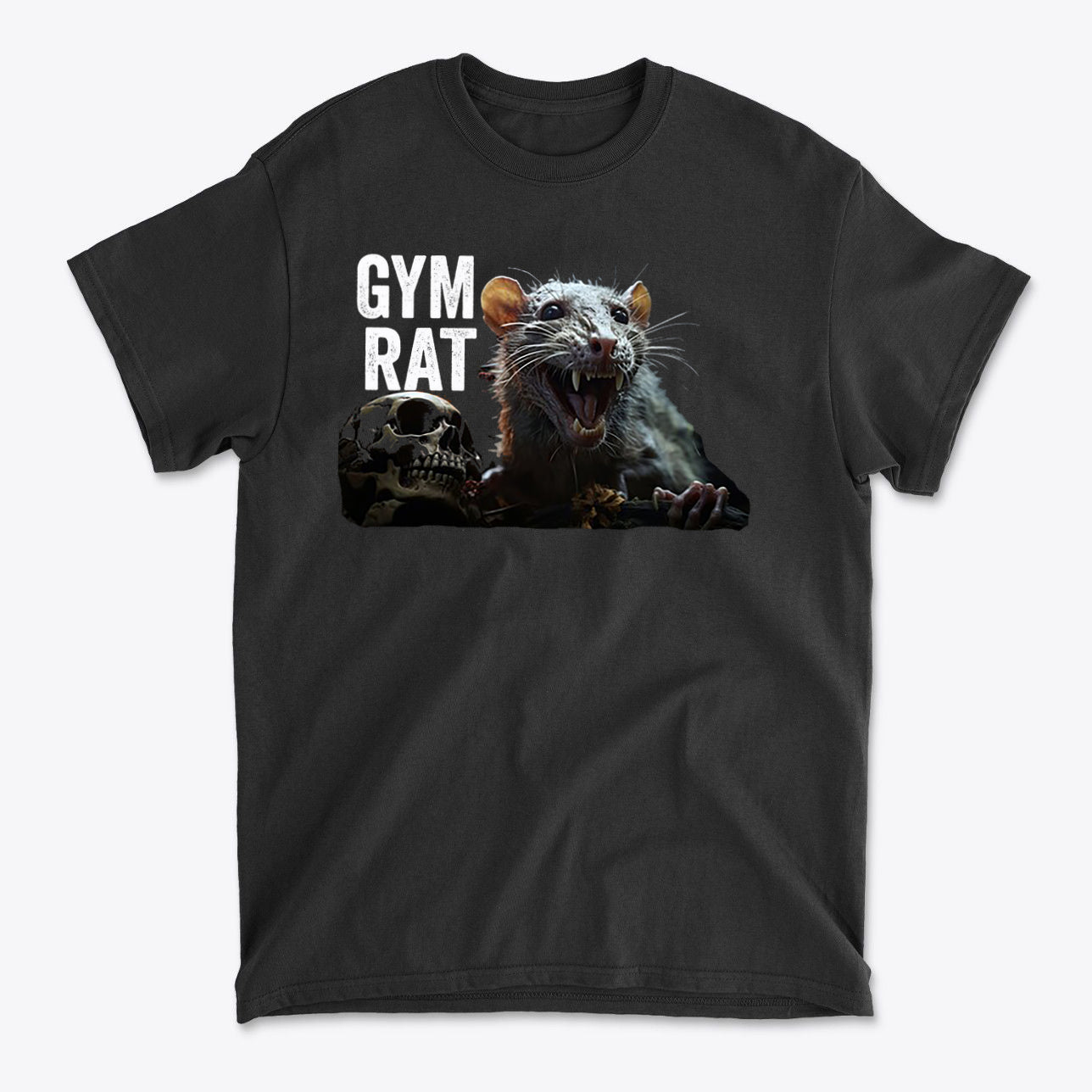Gym Rat With Skull Design Vibes graphic tee featuring an aggressive rat and skull design.