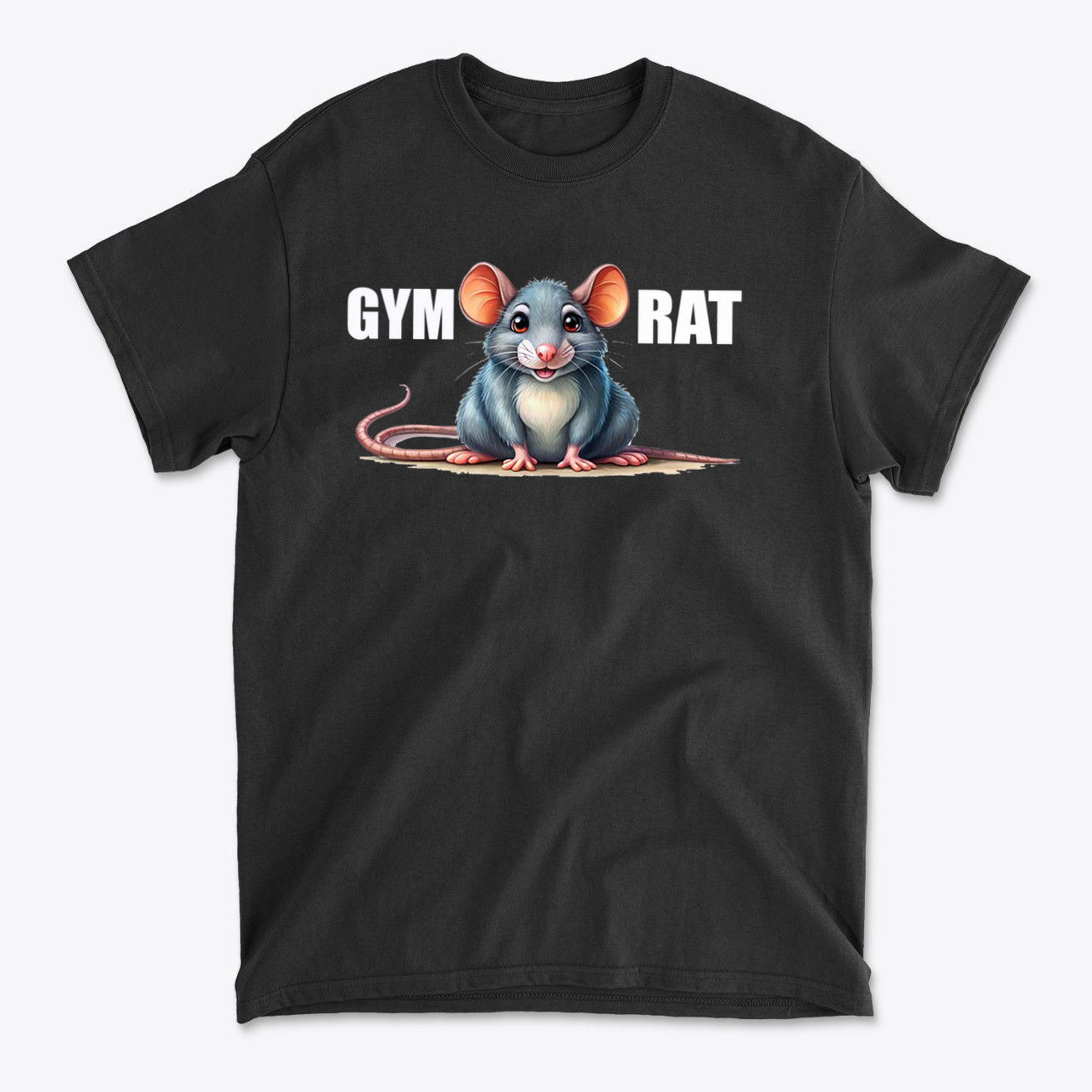 Gym Rat Cute Stylish Fitness Casual Wear T-Shirt featuring a cartoon mouse design on a black t-shirt.