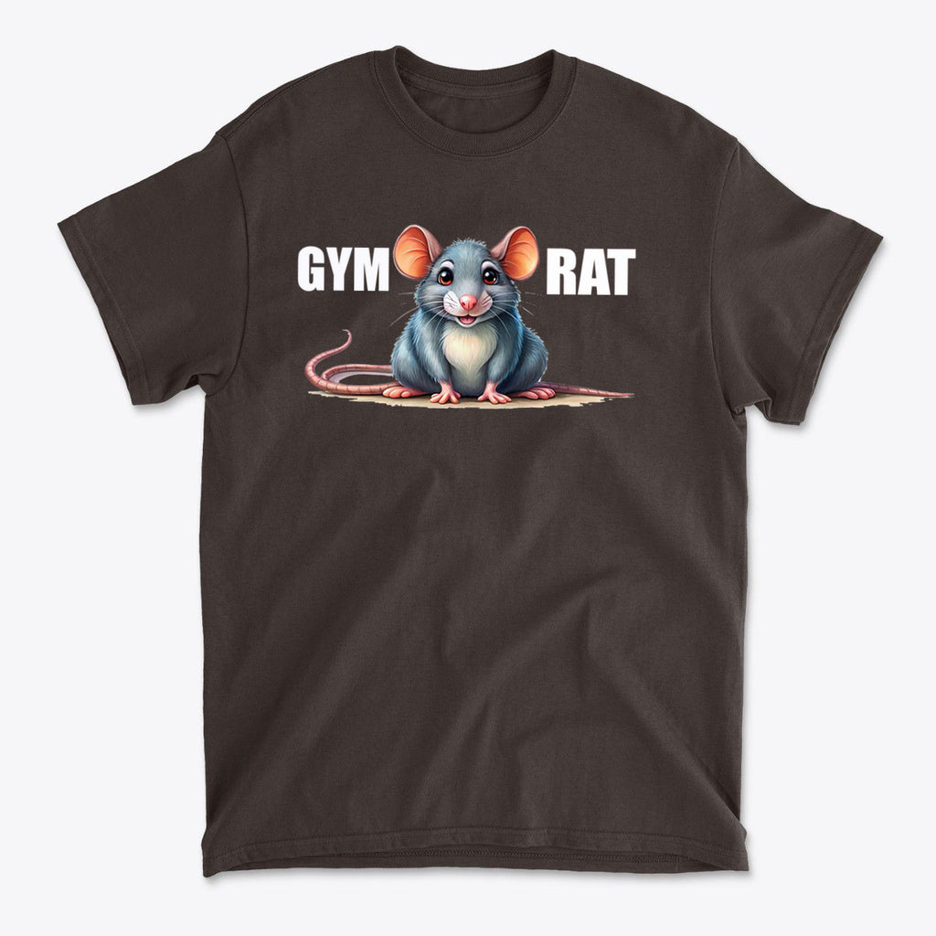 Gym Rat Cute Stylish Fitness Casual Wear T-Shirt featuring a cute cartoon mouse design on a dark t-shirt.